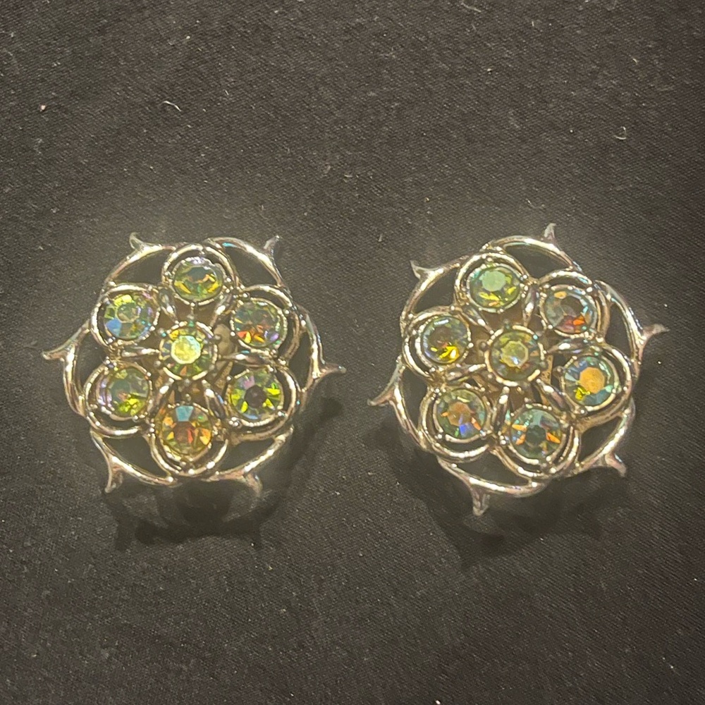 Vintage Sarah Coventry Silver Tone Aurora Borealis Cluster earrings